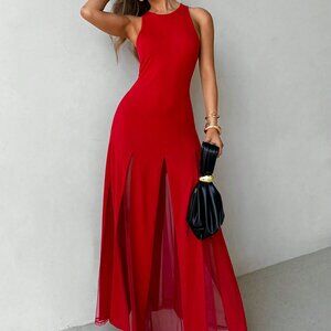 Red Chic Elegant Womens Casual V Neckline body fitted Sleeveless maxi Dress